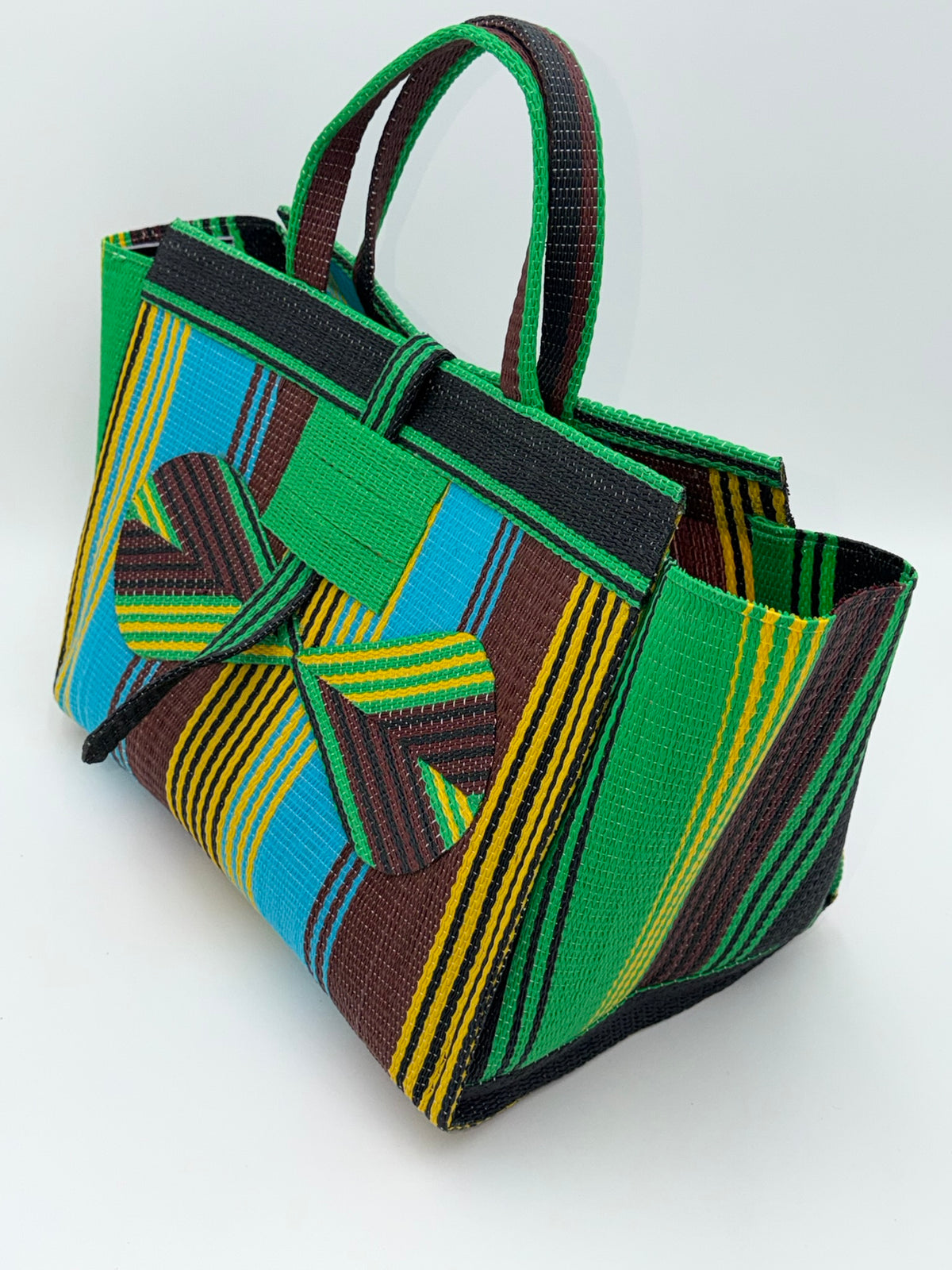 Emerald Large handwoven tote bag by SCRUBIES in Green,Blue,Brown,Black,Yellow with Stripes design and Bow accent pattern