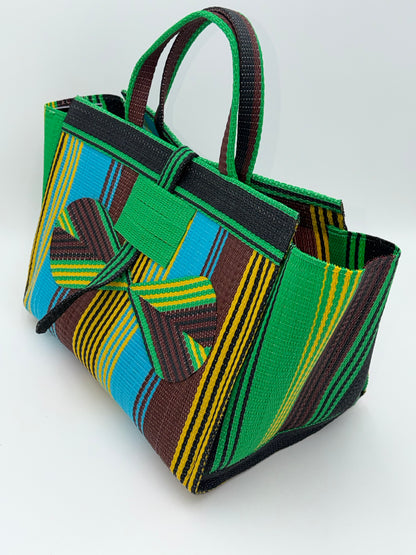 Emerald Large handwoven tote bag by SCRUBIES in Green,Blue,Brown,Black,Yellow with Stripes design and Bow accent pattern