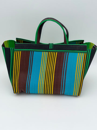 Emerald Large handwoven tote bag by SCRUBIES in Green,Blue,Brown,Black,Yellow with Stripes design and Bow accent pattern