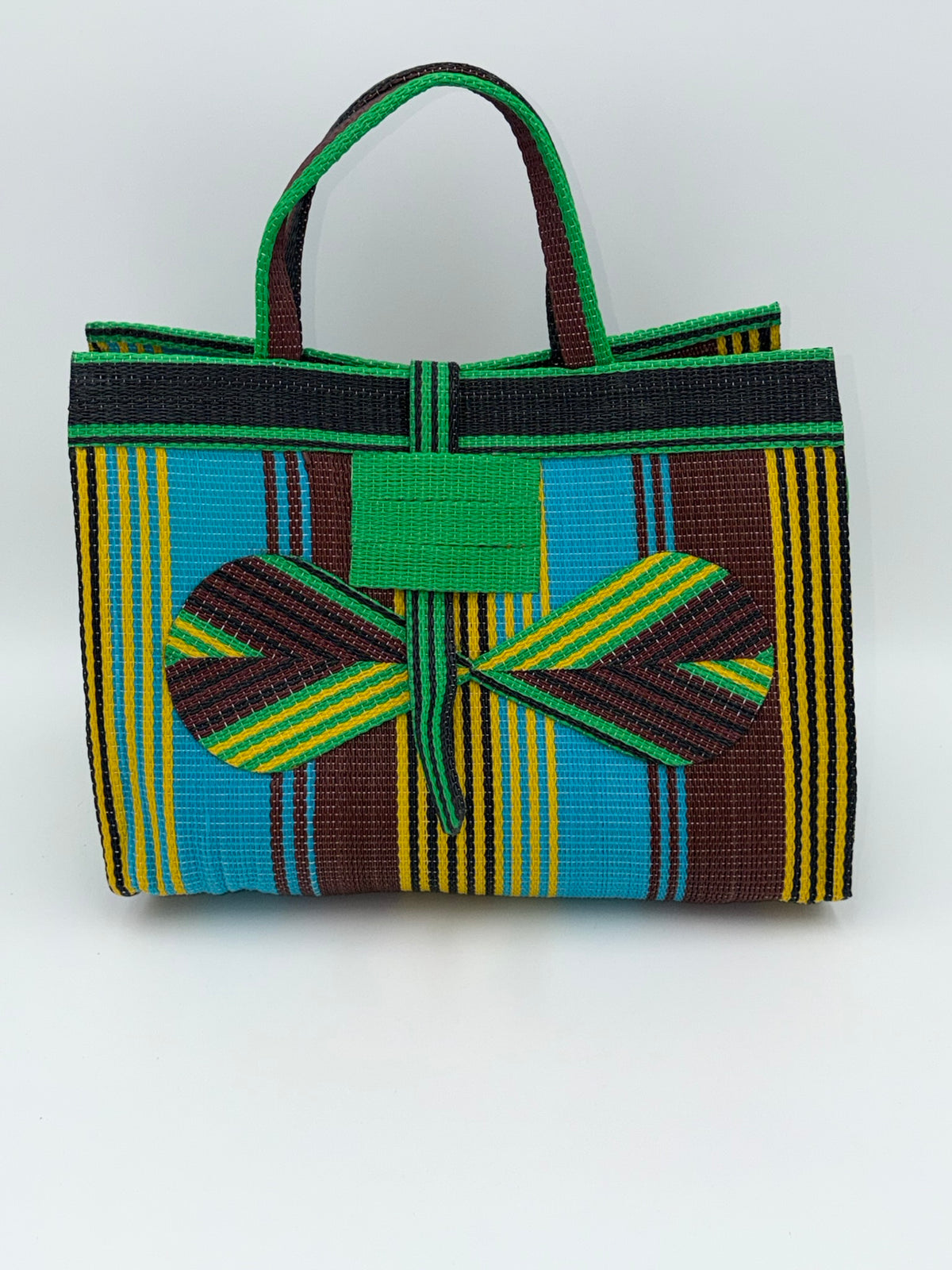 Emerald Large handwoven tote bag by SCRUBIES in Green,Blue,Brown,Black,Yellow with Stripes design and Bow accent pattern