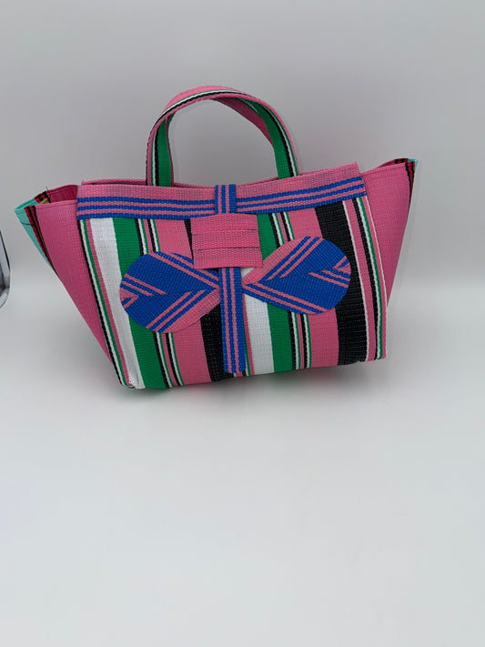Candy Large handwoven tote bag by SCRUBIES in Pink,Blue,Green,White,Black with Stripes design and Bow accent pattern