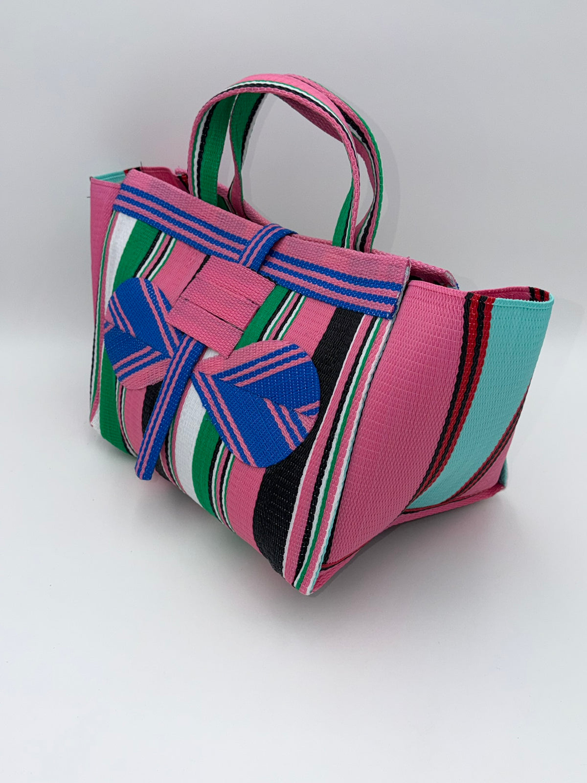 Candy Large handwoven tote bag by SCRUBIES in Pink,Blue,Green,White,Black with Stripes design and Bow accent pattern