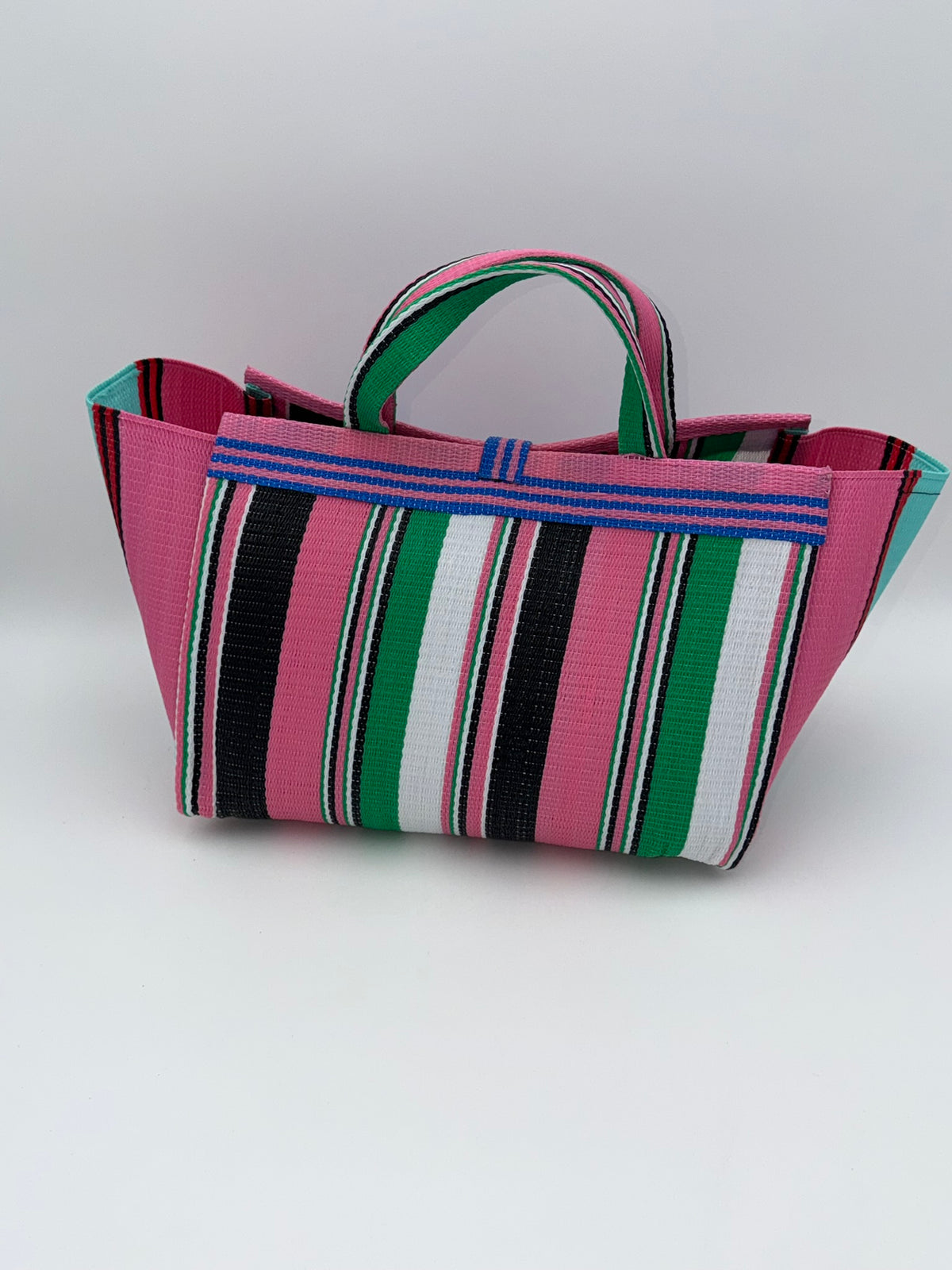 Candy Large handwoven tote bag by SCRUBIES in Pink,Blue,Green,White,Black with Stripes design and Bow accent pattern