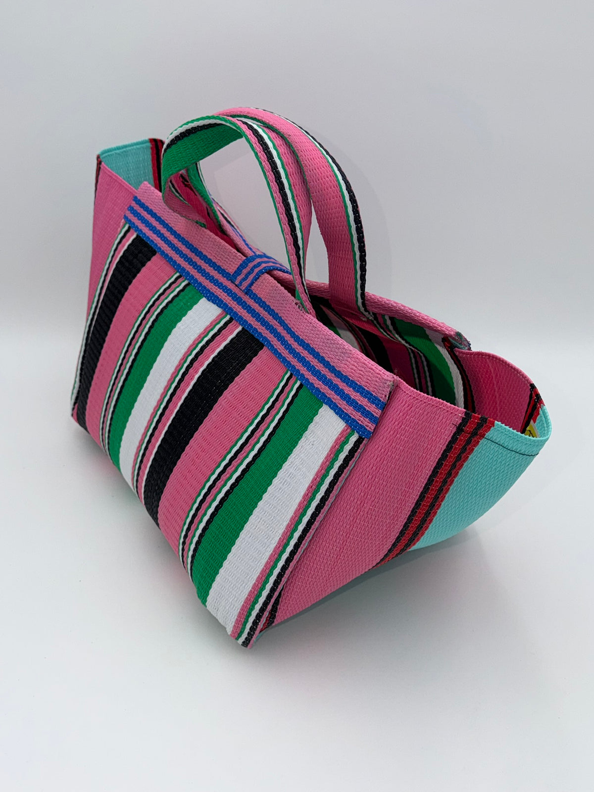 Candy Large handwoven tote bag by SCRUBIES in Pink,Blue,Green,White,Black with Stripes design and Bow accent pattern