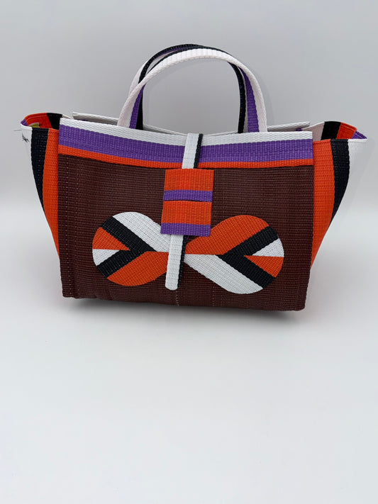 Brownie Large handwoven tote bag by SCRUBIES in Brown,Orange,White,Black,Purple with Solid design and Bow accent pattern