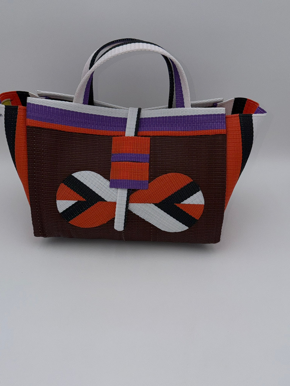 Brownie Large handwoven tote bag by SCRUBIES in Brown,Orange,White,Black,Purple with Solid design and Bow accent pattern