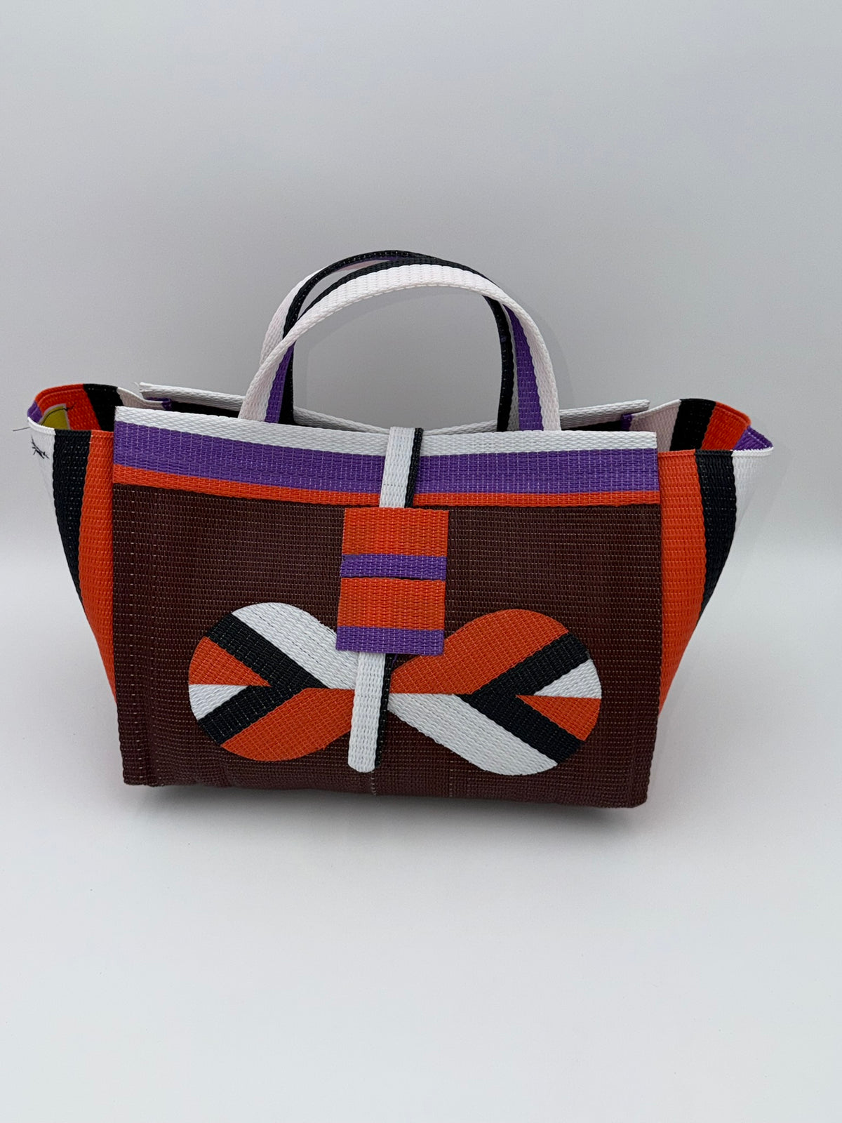 Brownie Large handwoven tote bag by SCRUBIES in Brown,Orange,White,Black,Purple with Solid design and Bow accent pattern