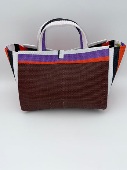 Brownie Large handwoven tote bag by SCRUBIES in Brown,Orange,White,Black,Purple with Solid design and Bow accent pattern