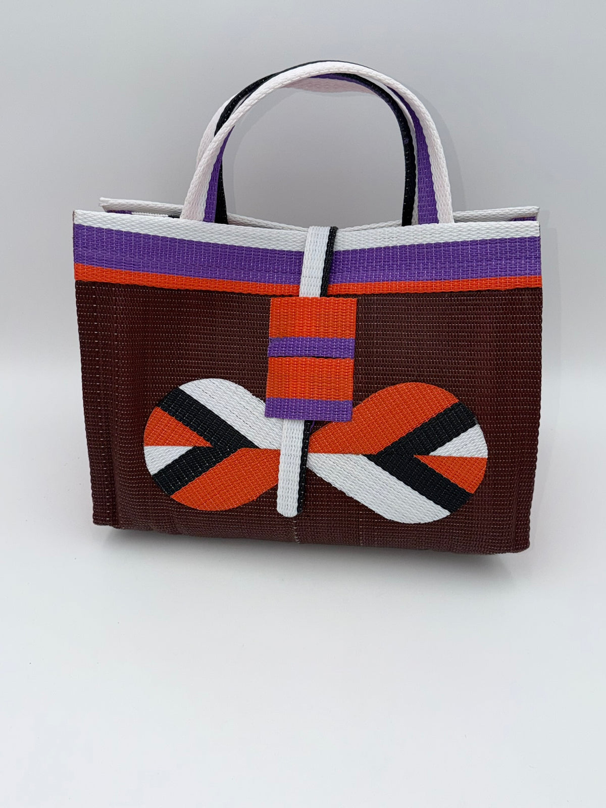 Brownie Large handwoven tote bag by SCRUBIES in Brown,Orange,White,Black,Purple with Solid design and Bow accent pattern