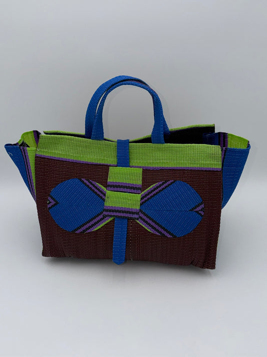 Brownie Large handwoven tote bag by SCRUBIES in Brown,Green,Blue,Purple with Solid design and Bow accent pattern