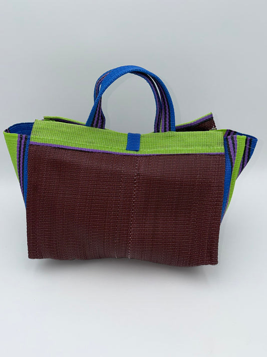 Brownie Large handwoven tote bag by SCRUBIES in Brown,Green,Blue,Purple with Solid design and Bow accent pattern