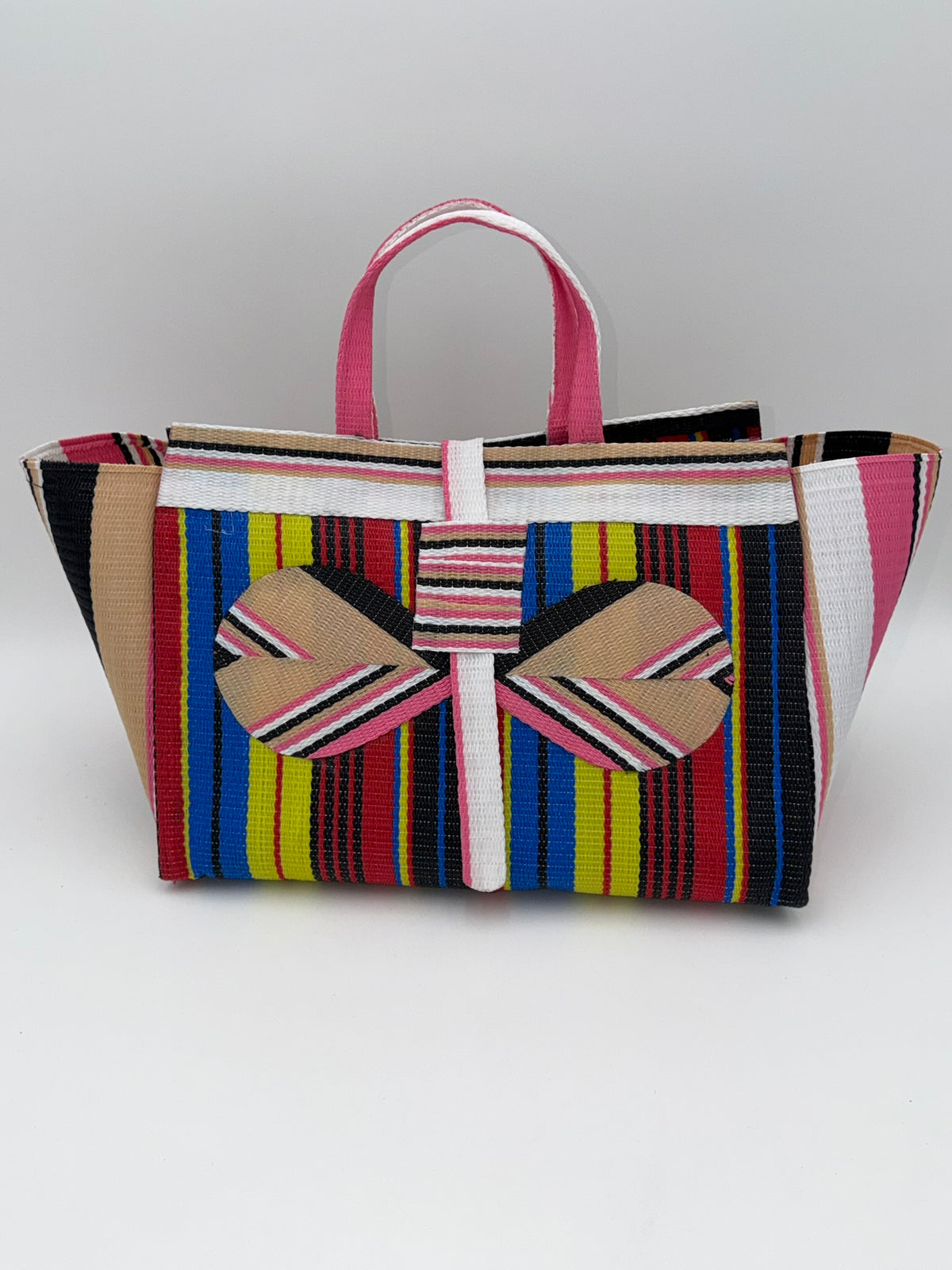 Africana Large handwoven tote bag by SCRUBIES in White,Beige,Red,Blue,Yellow,Blue,Black with Stripes design and Bow accent pattern