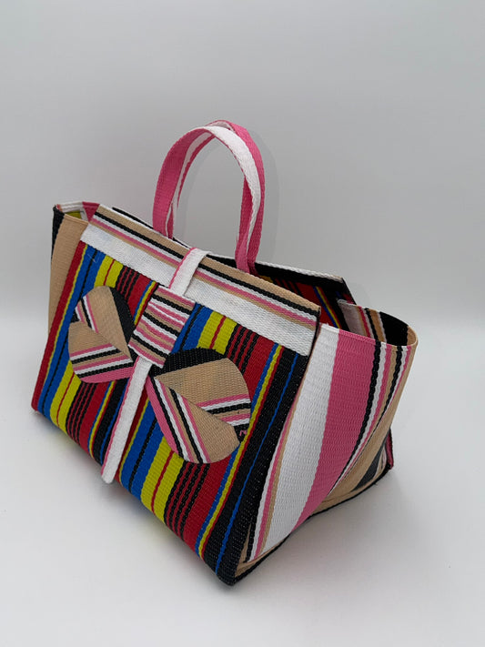 Africana Large handwoven tote bag by SCRUBIES in White,Beige,Red,Blue,Yellow,Blue,Black with Stripes design and Bow accent pattern