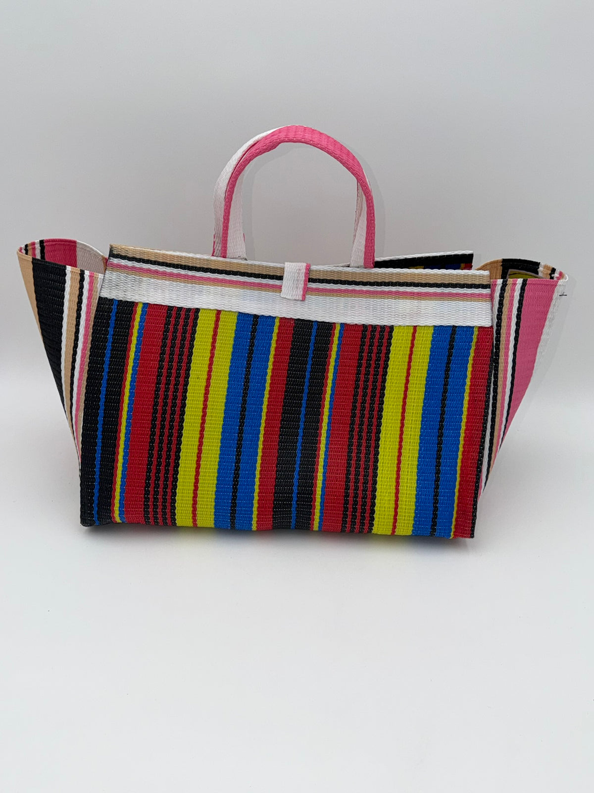 Africana Large handwoven tote bag by SCRUBIES in White,Beige,Red,Blue,Yellow,Blue,Black with Stripes design and Bow accent pattern