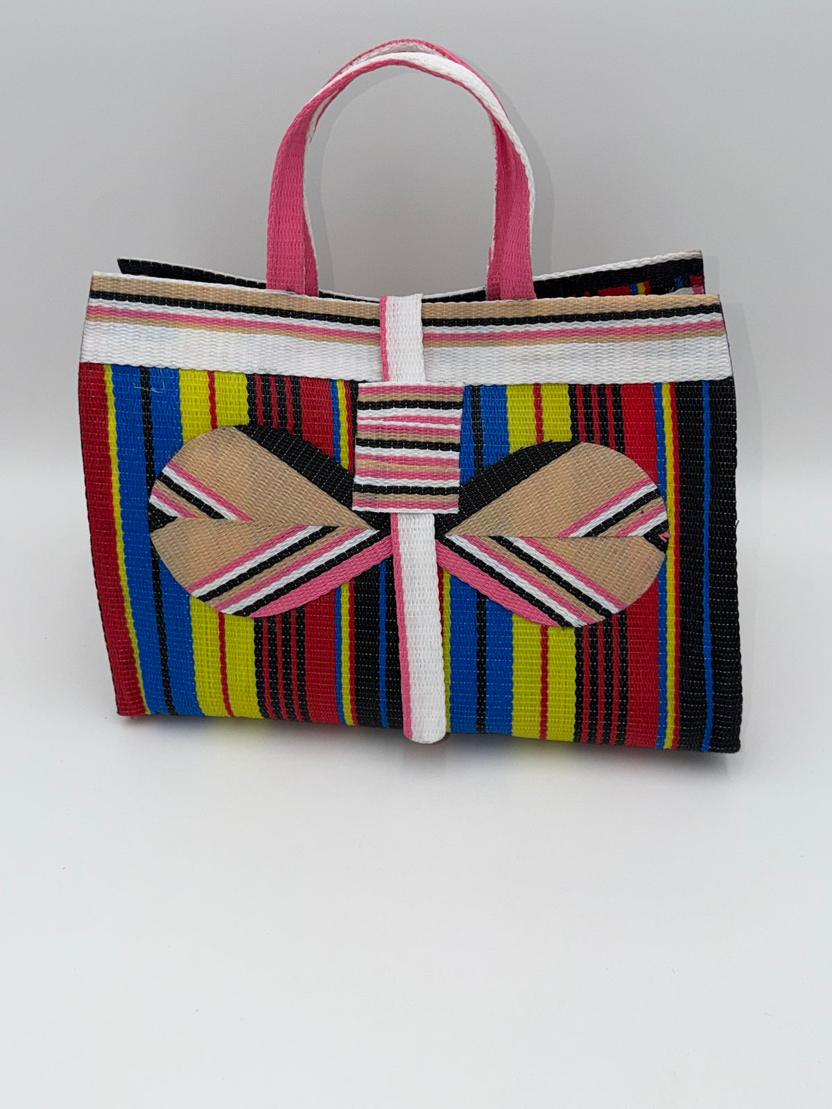 Africana Large handwoven tote bag by SCRUBIES in White,Beige,Red,Blue,Yellow,Blue,Black with Stripes design and Bow accent pattern