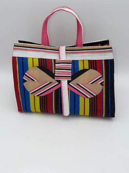 Africana Large handwoven tote bag by SCRUBIES in White,Beige,Red,Blue,Yellow,Blue,Black with Stripes design and Bow accent pattern
