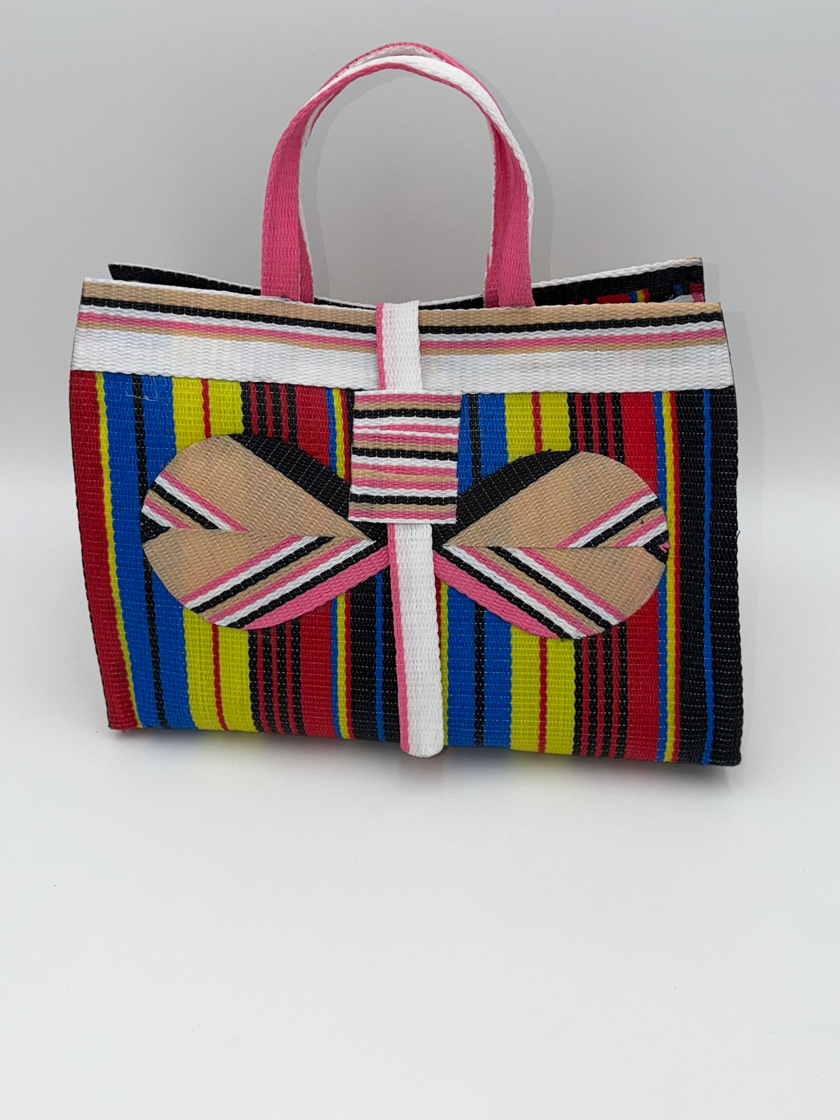 Africana Large handwoven tote bag by SCRUBIES in White,Beige,Red,Blue,Yellow,Blue,Black with Stripes design and Bow accent pattern