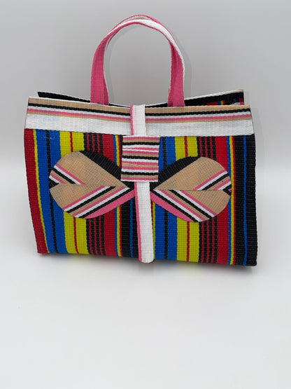 Africana Large handwoven tote bag by SCRUBIES in White,Beige,Red,Blue,Yellow,Blue,Black with Stripes design and Bow accent pattern