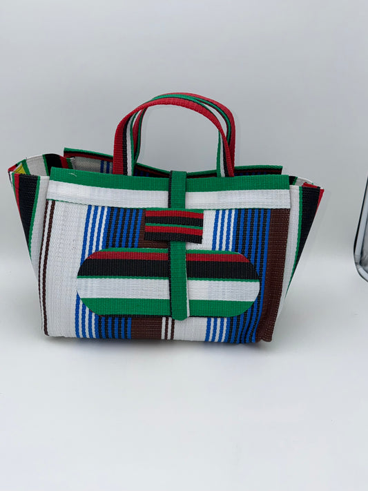 Pearl Large handwoven tote bag by SCRUBIES in White,Blue,Green,Red,Black,Brown with Stripes design and Oval accent pattern