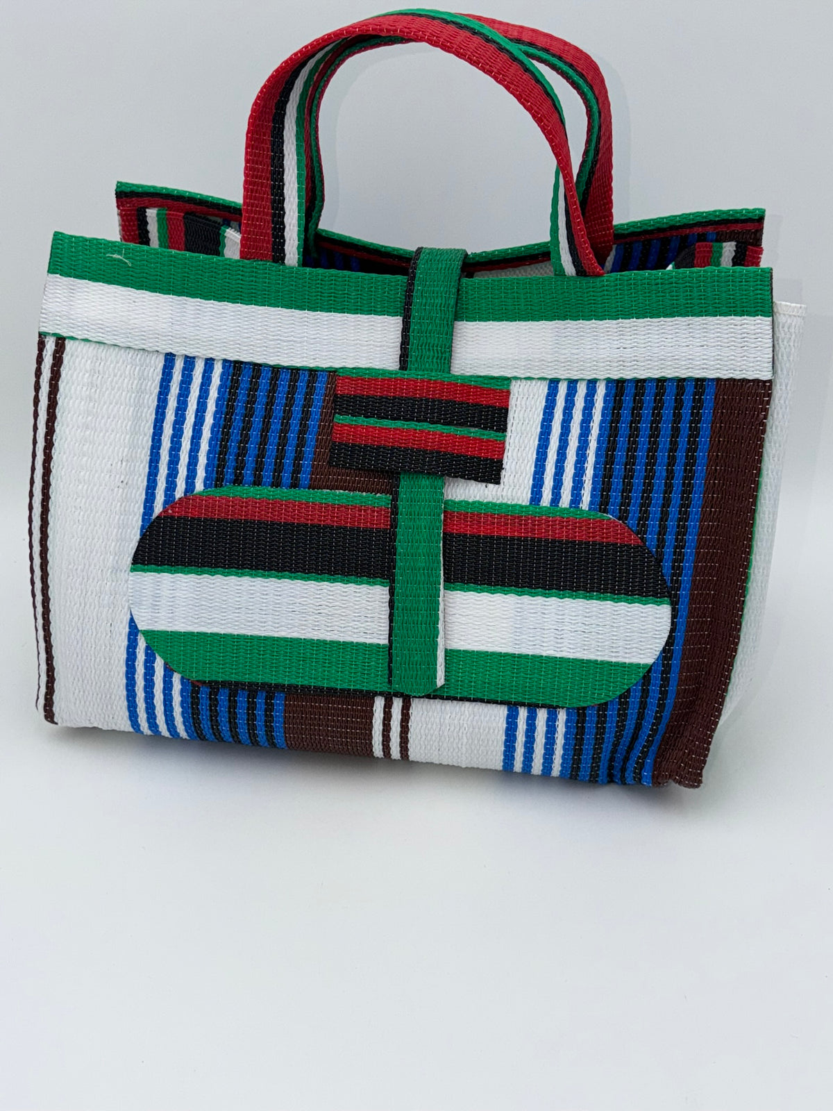 Pearl Large handwoven tote bag by SCRUBIES in White,Blue,Green,Red,Black,Brown with Stripes design and Oval accent pattern