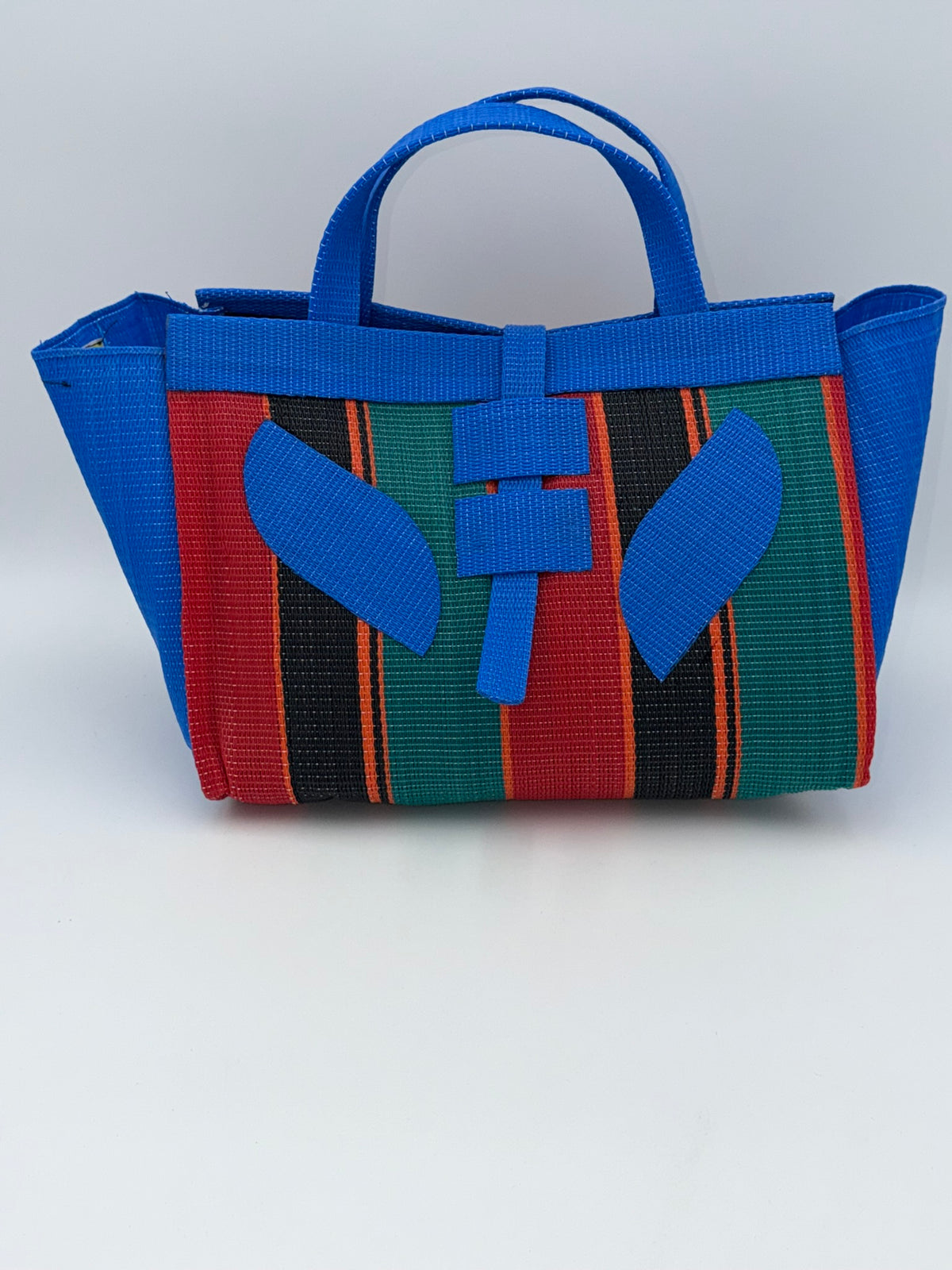 Red Blocks Large handwoven tote bag by SCRUBIES in Blue,Red,Black,Green, with Block design and Leaf accent pattern