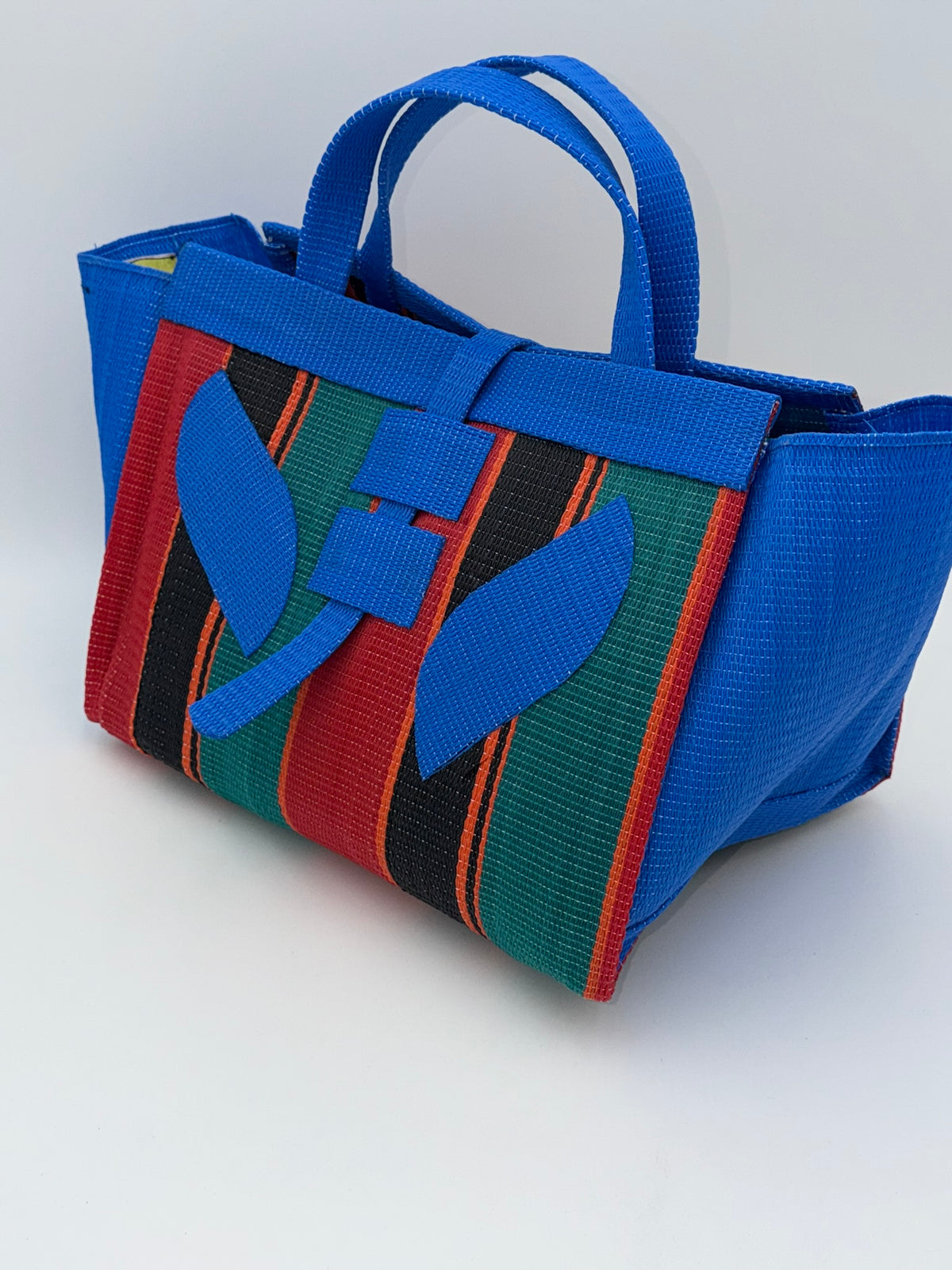 Red Blocks Large handwoven tote bag by SCRUBIES in Blue,Red,Black,Green, with Block design and Leaf accent pattern