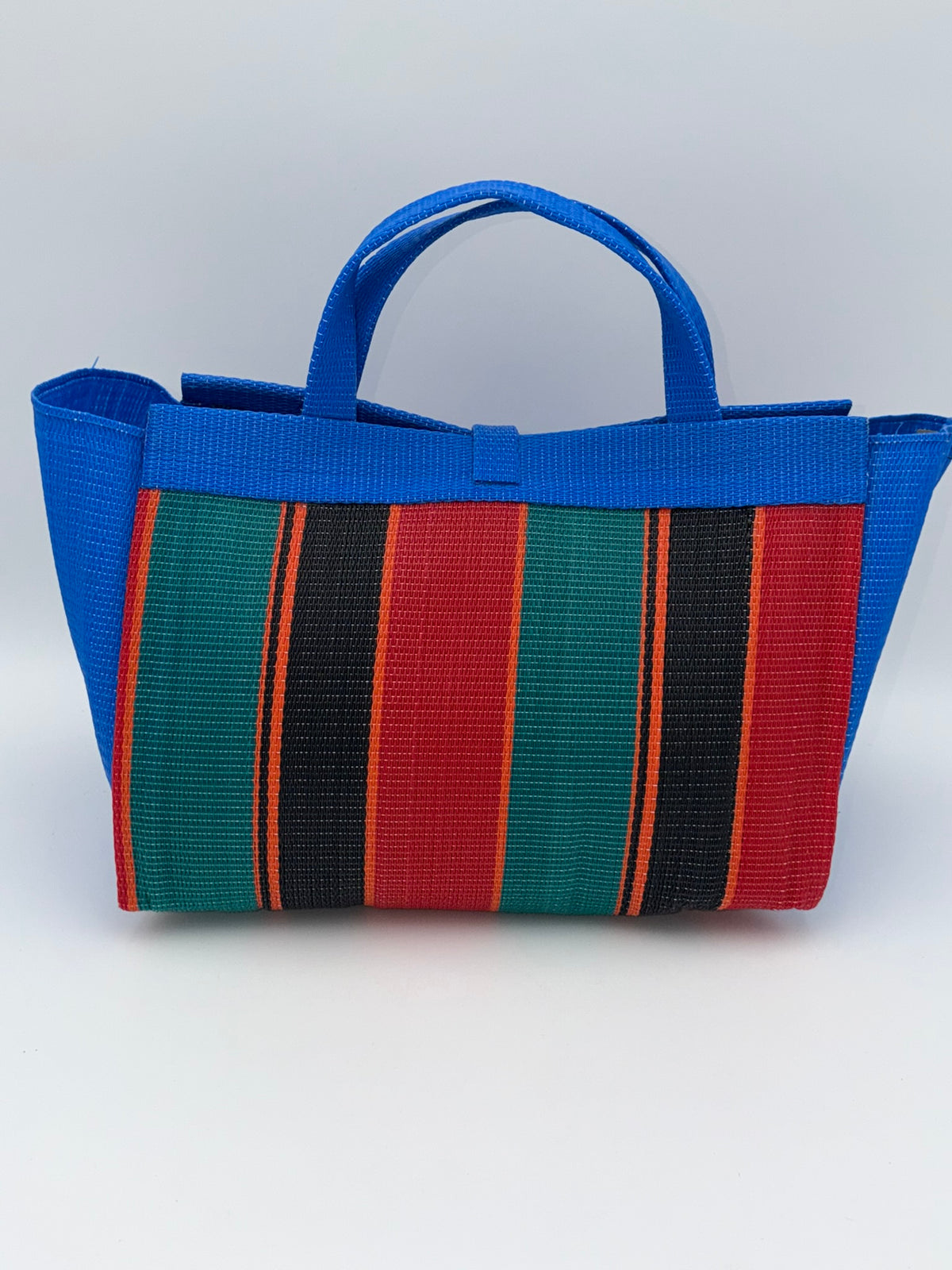 Red Blocks Large handwoven tote bag by SCRUBIES in Blue,Red,Black,Green, with Block design and Leaf accent pattern