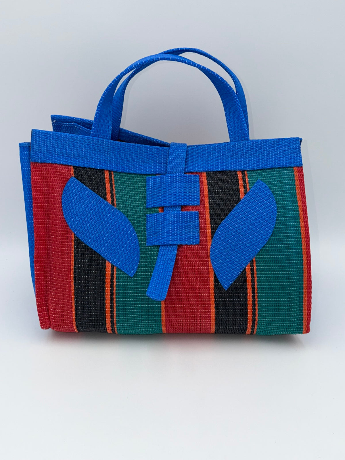 Red Blocks Large handwoven tote bag by SCRUBIES in Blue,Red,Black,Green, with Block design and Leaf accent pattern
