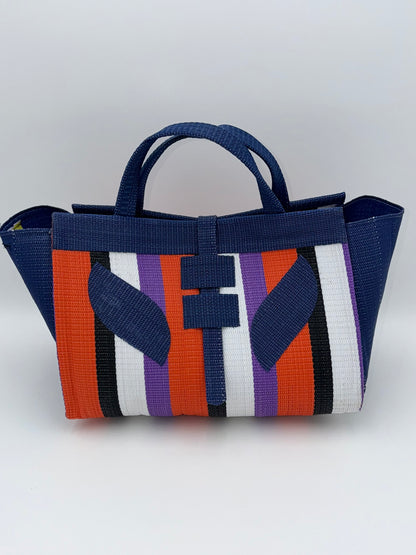 Orange Blocks Large handwoven tote bag by SCRUBIES in Blue,Orange,White,Black,Purple with Block design and Leaf accent pattern