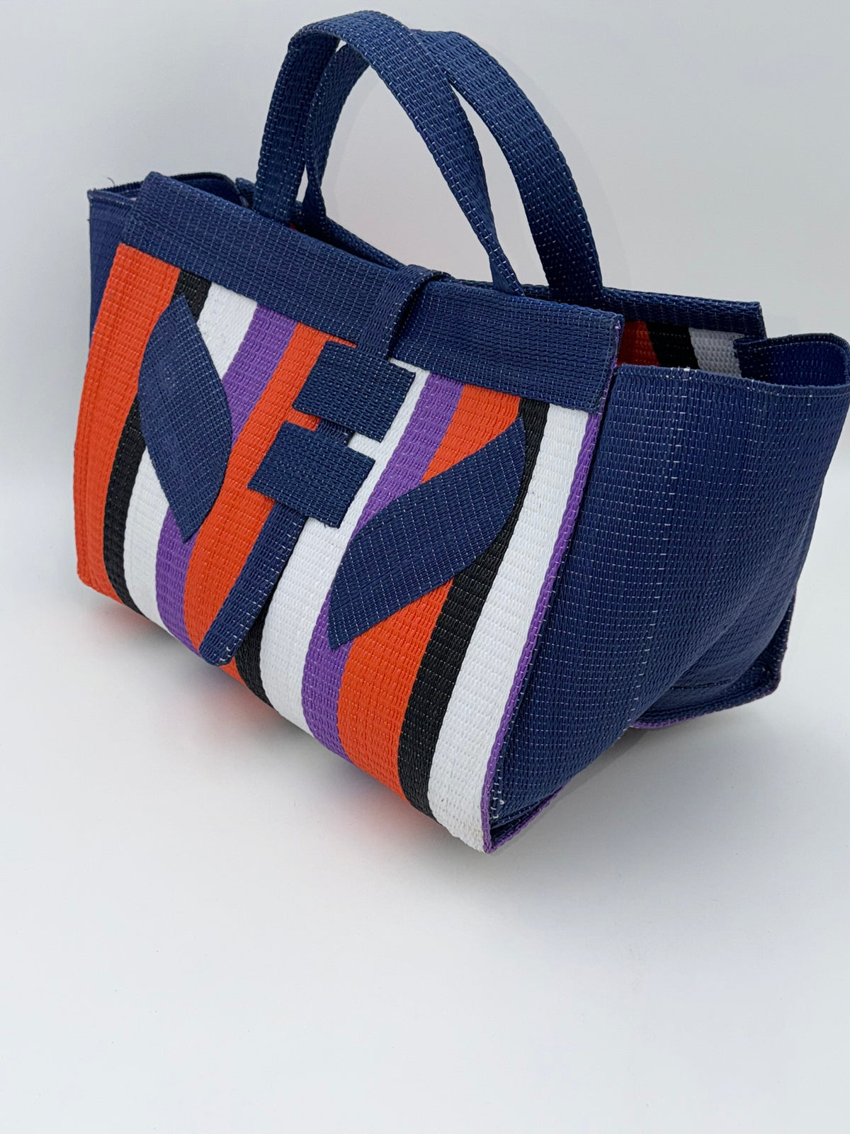 Orange Blocks Large handwoven tote bag by SCRUBIES in Blue,Orange,White,Black,Purple with Block design and Leaf accent pattern