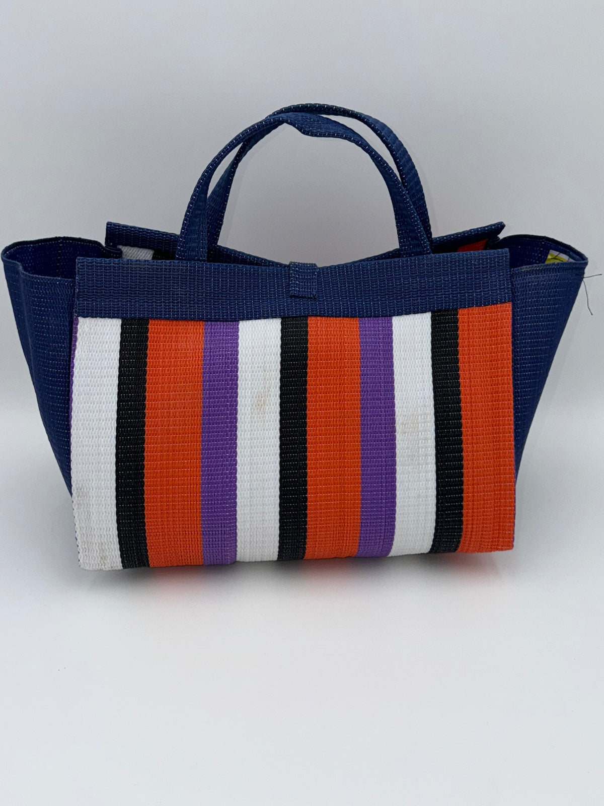 Orange Blocks Large handwoven tote bag by SCRUBIES in Blue,Orange,White,Black,Purple with Block design and Leaf accent pattern