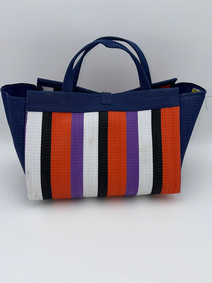 Orange Blocks Large handwoven tote bag by SCRUBIES in Blue,Orange,White,Black,Purple with Block design and Leaf accent pattern