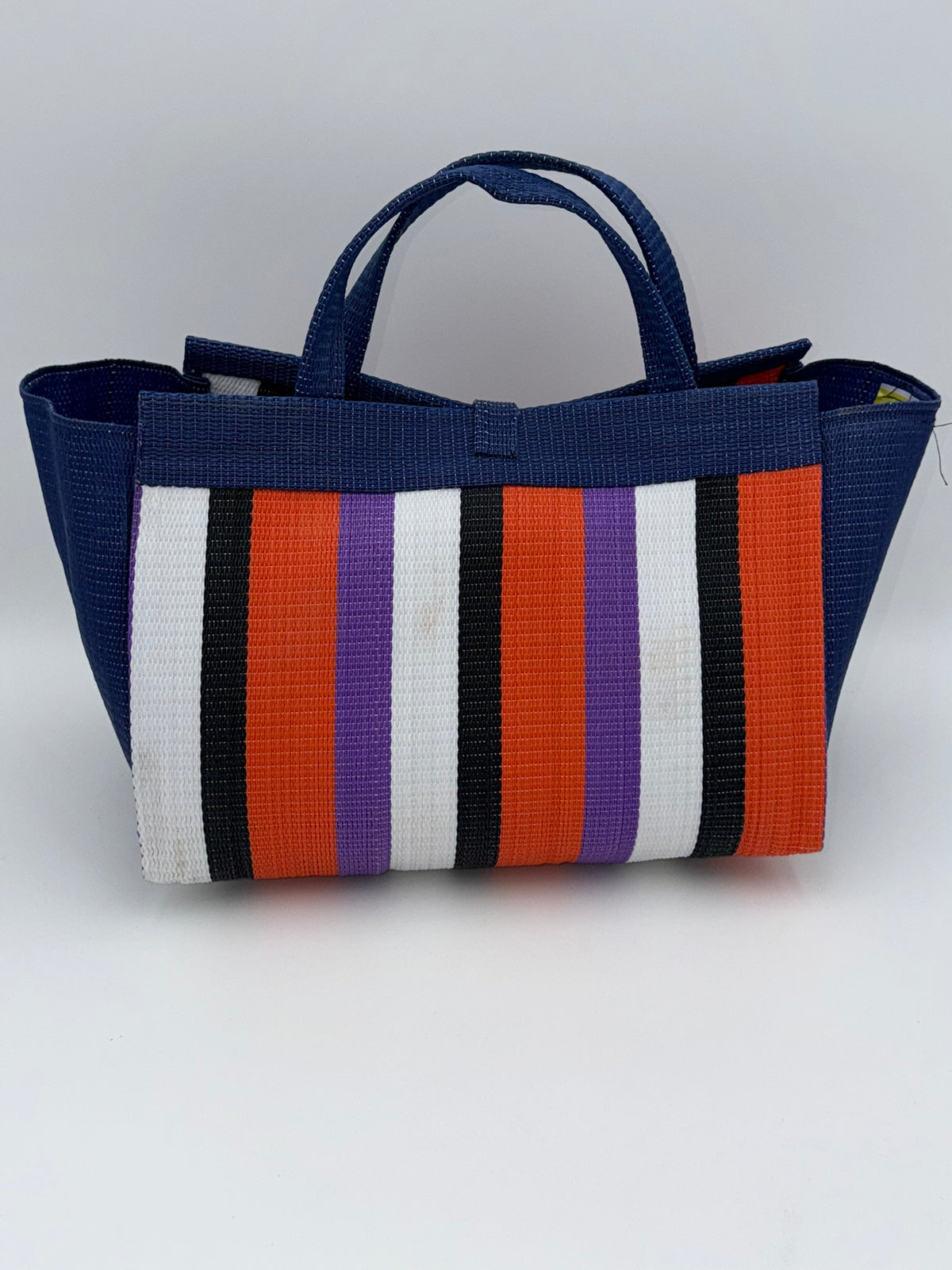 Orange Blocks Large handwoven tote bag by SCRUBIES in Blue,Orange,White,Black,Purple with Block design and Leaf accent pattern
