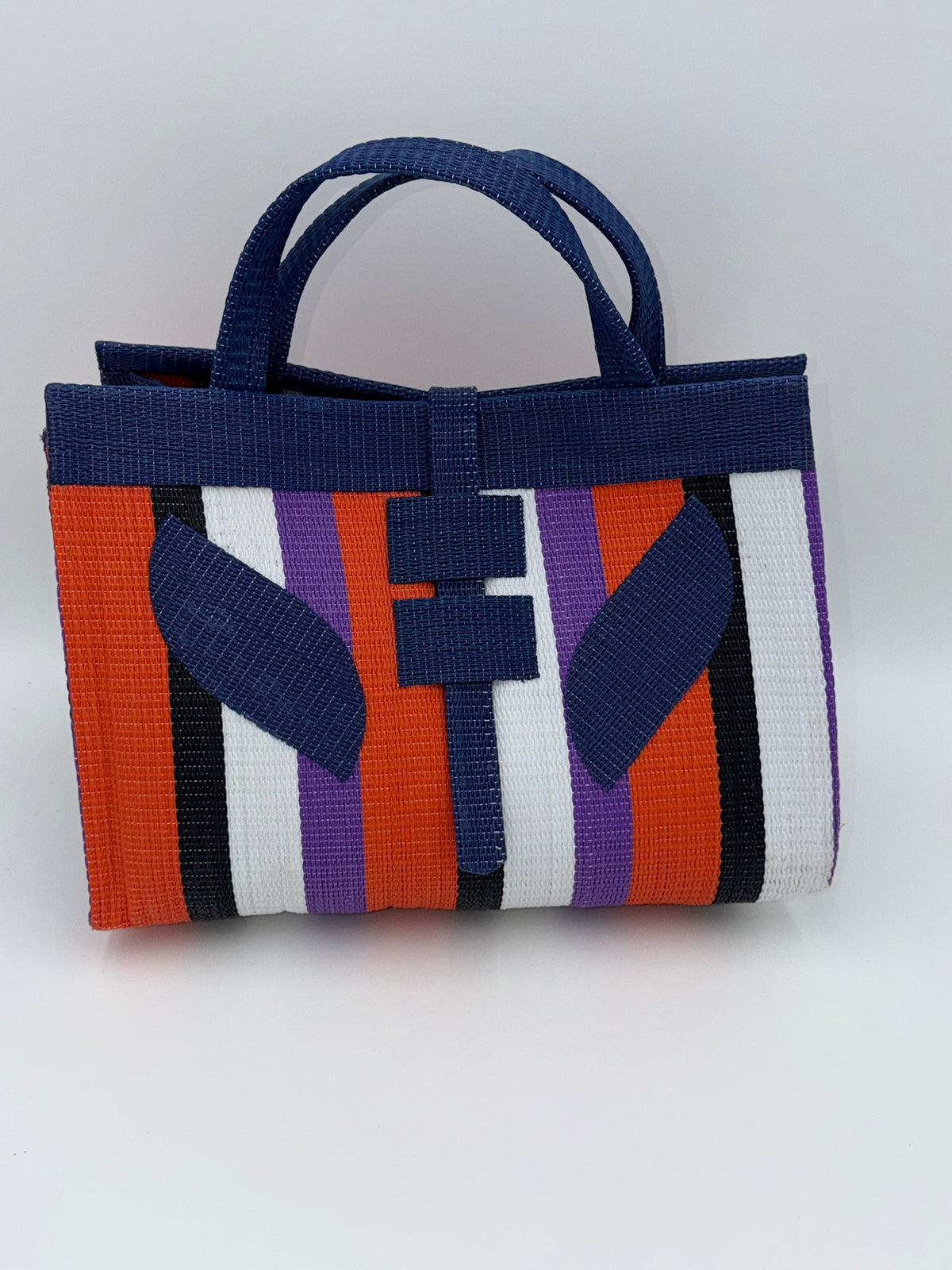 Orange Blocks Large handwoven tote bag by SCRUBIES in Blue,Orange,White,Black,Purple with Block design and Leaf accent pattern