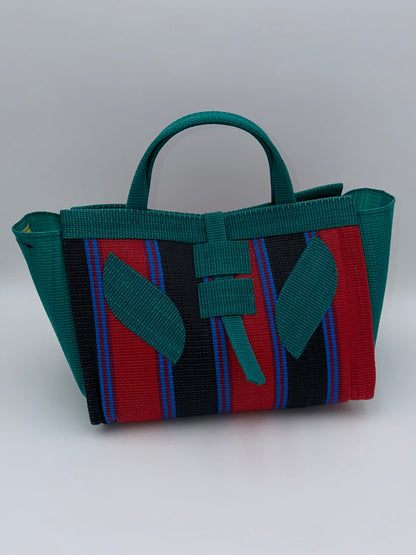 Red Blocks Large handwoven tote bag by SCRUBIES in Green,Red,Black,Blue with Stripes design and Leaf accent pattern