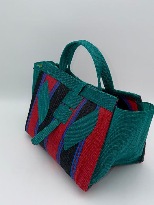 Red Blocks Large handwoven tote bag by SCRUBIES in Green,Red,Black,Blue with Stripes design and Leaf accent pattern