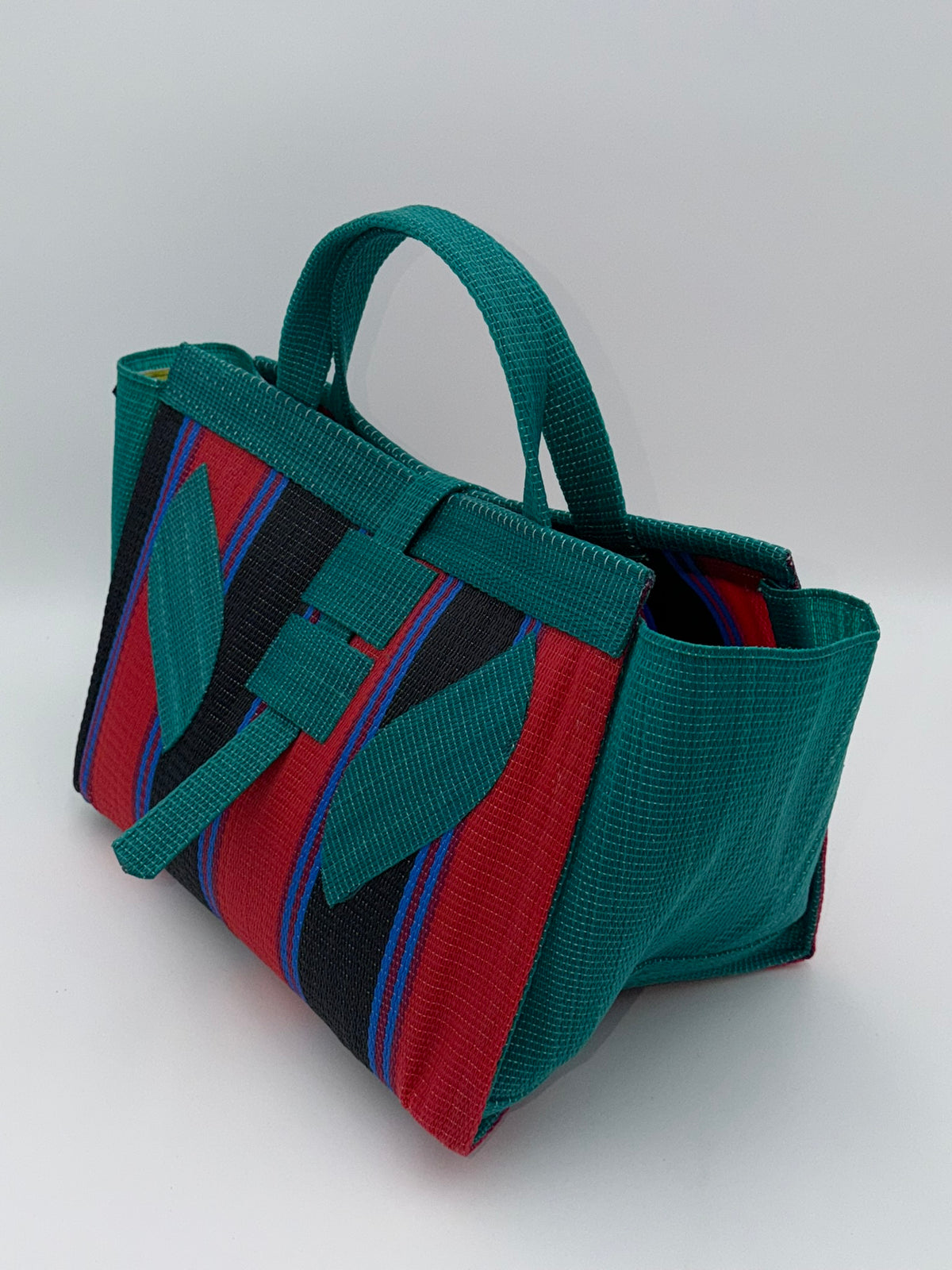 Red Blocks Large handwoven tote bag by SCRUBIES in Green,Red,Black,Blue with Stripes design and Leaf accent pattern