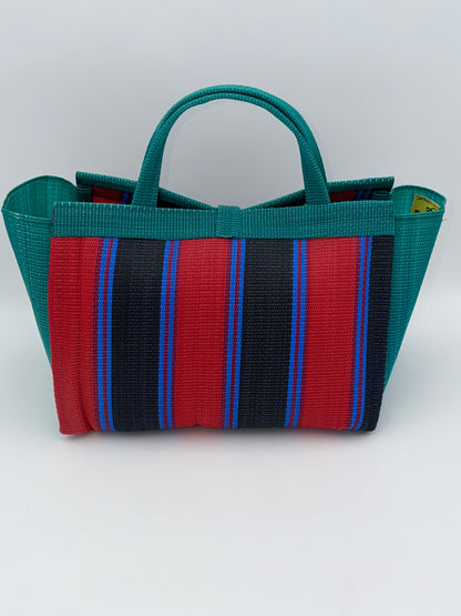 Red Blocks Large handwoven tote bag by SCRUBIES in Green,Red,Black,Blue with Stripes design and Leaf accent pattern