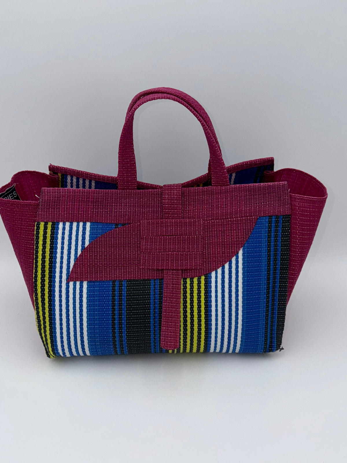 Berry Large handwoven tote bag by SCRUBIES in Wine,Blue,White,Yellow with Stripes design and Almond accent pattern