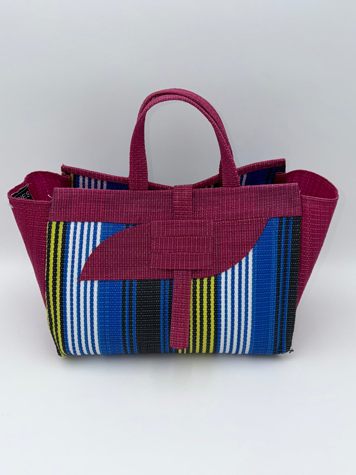 Berry Large handwoven tote bag by SCRUBIES in Wine,Blue,White,Yellow with Stripes design and Almond accent pattern
