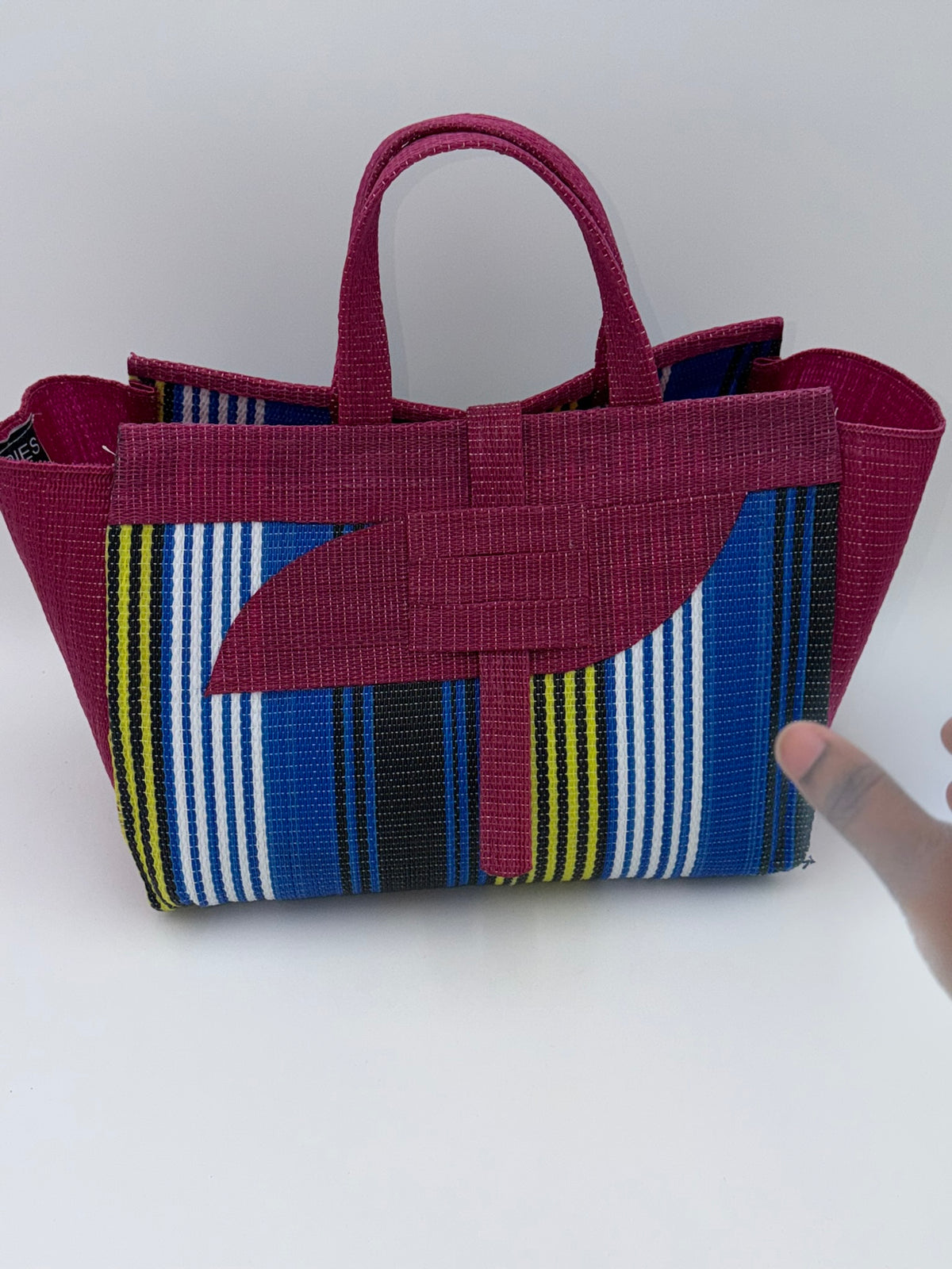 Berry Large handwoven tote bag by SCRUBIES in Wine,Blue,White,Yellow with Stripes design and Almond accent pattern