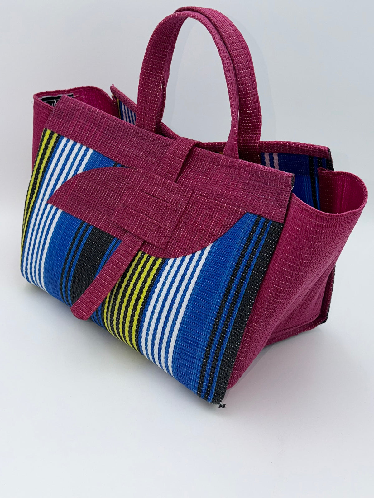 Berry Large handwoven tote bag by SCRUBIES in Wine,Blue,White,Yellow with Stripes design and Almond accent pattern