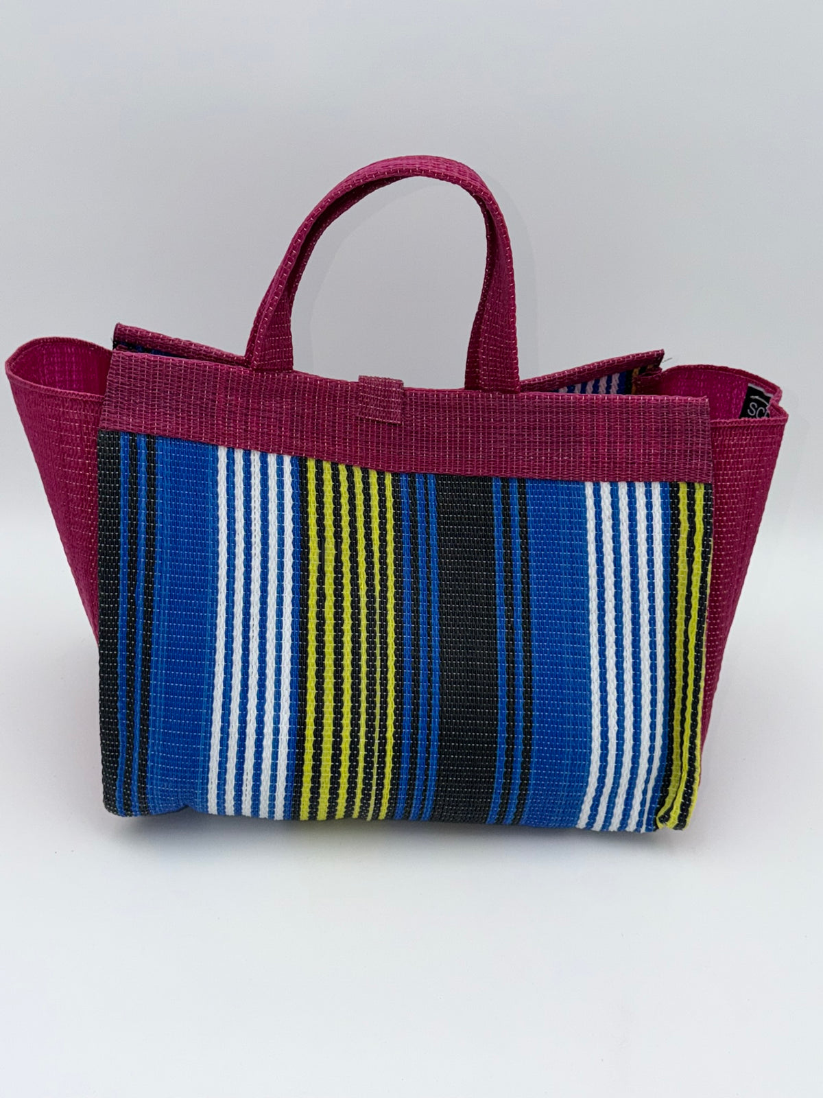 Berry Large handwoven tote bag by SCRUBIES in Wine,Blue,White,Yellow with Stripes design and Almond accent pattern
