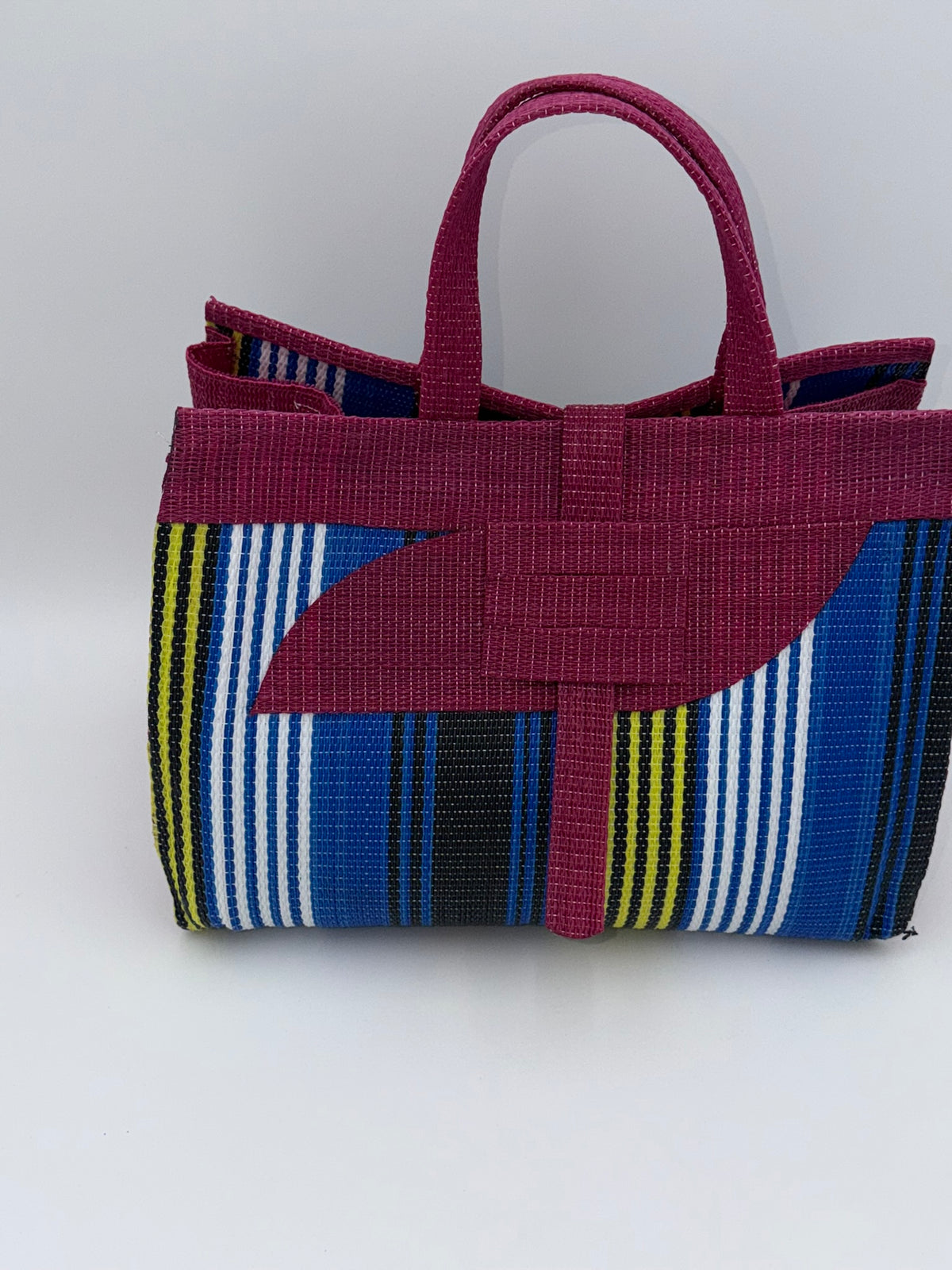 Berry Large handwoven tote bag by SCRUBIES in Wine,Blue,White,Yellow with Stripes design and Almond accent pattern
