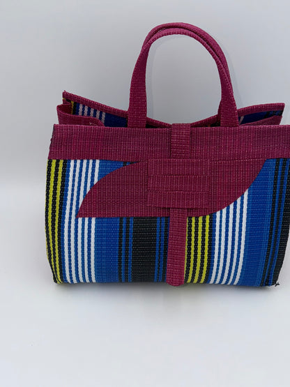 Berry Large handwoven tote bag by SCRUBIES in Wine,Blue,White,Yellow with Stripes design and Almond accent pattern