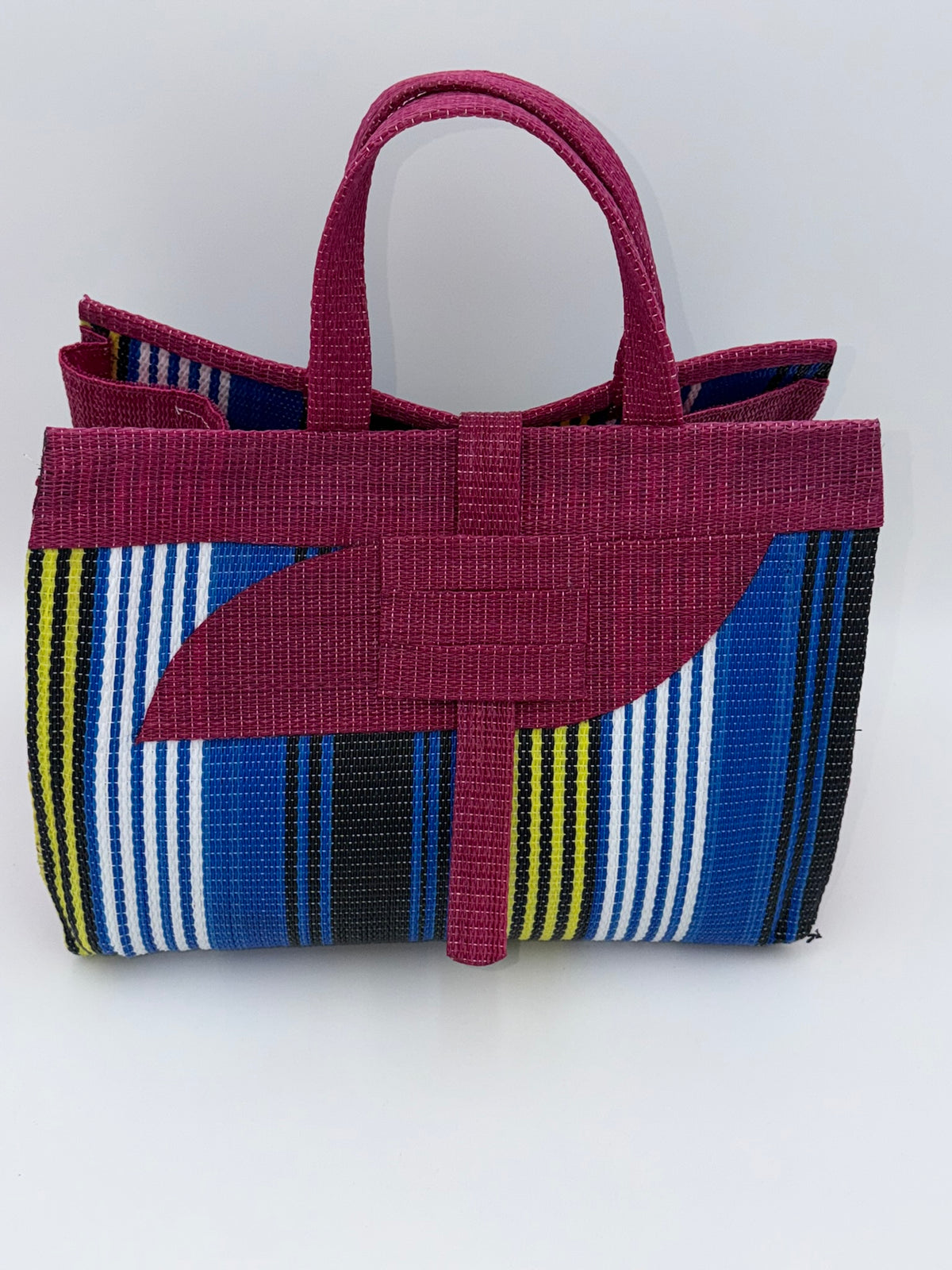 Berry Large handwoven tote bag by SCRUBIES in Wine,Blue,White,Yellow with Stripes design and Almond accent pattern