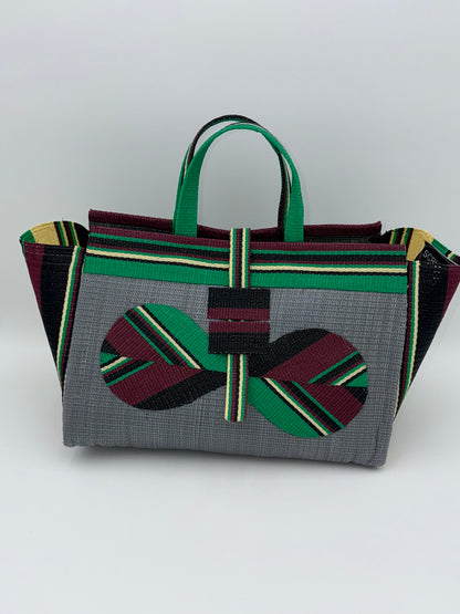 Metallic Large handwoven tote bag by SCRUBIES in Gray,Wine,Black,Green with Solid design and Bow accent pattern