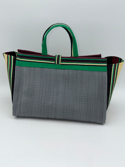 Metallic Large handwoven tote bag by SCRUBIES in Gray,Wine,Black,Green with Solid design and Bow accent pattern