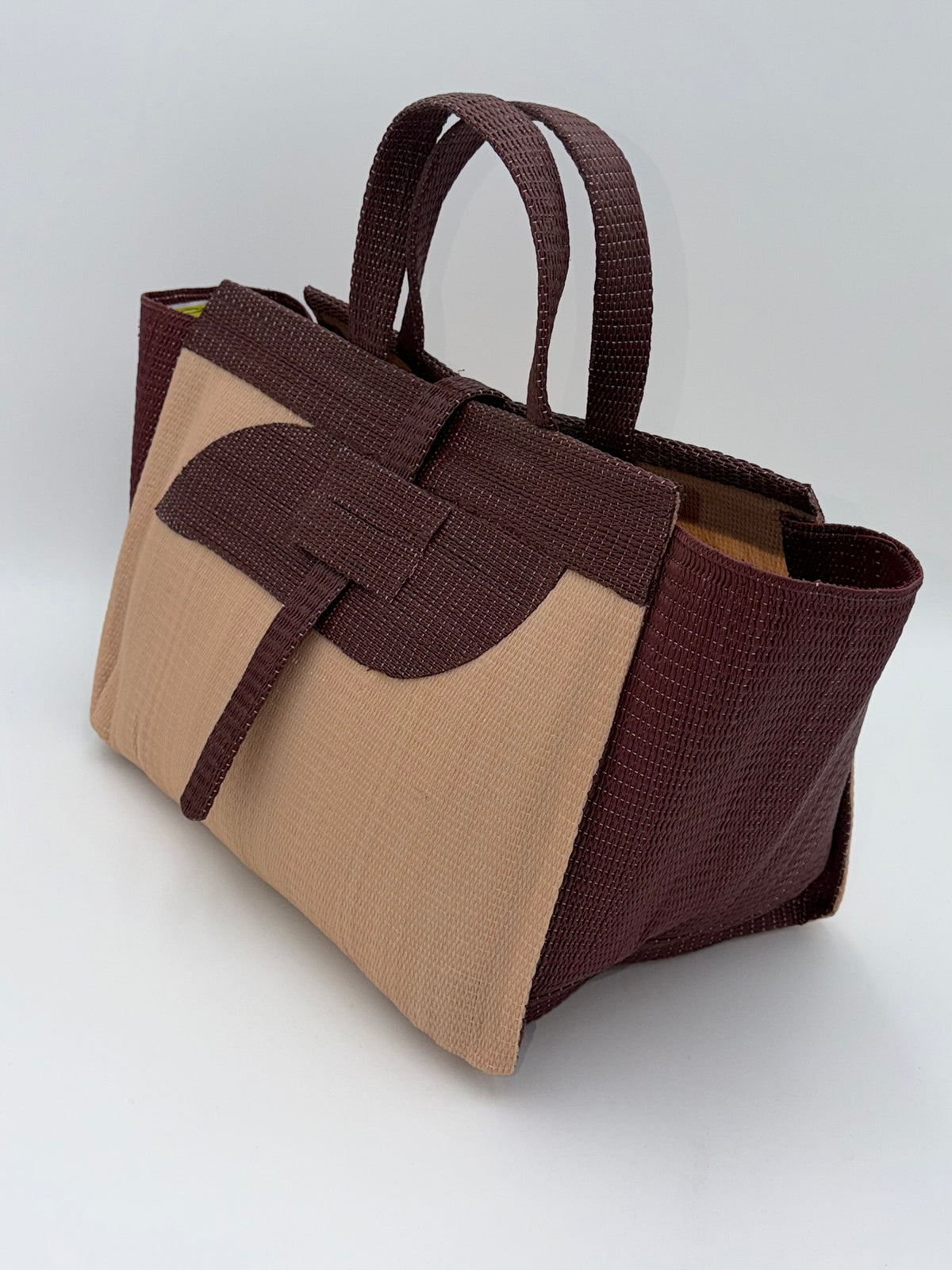 Caramel Large handwoven tote bag by SCRUBIES in Beige,Brown with Solid design and Almond accent pattern