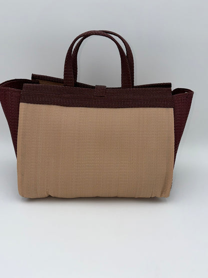 Caramel Large handwoven tote bag by SCRUBIES in Beige,Brown with Solid design and Almond accent pattern